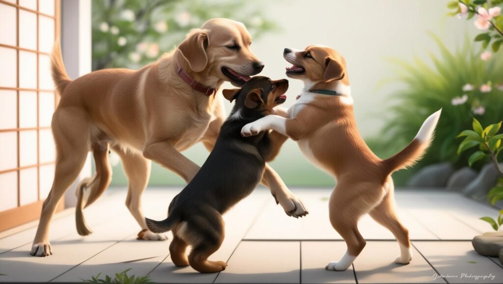 ３頭の犬が楽しく遊んでいる